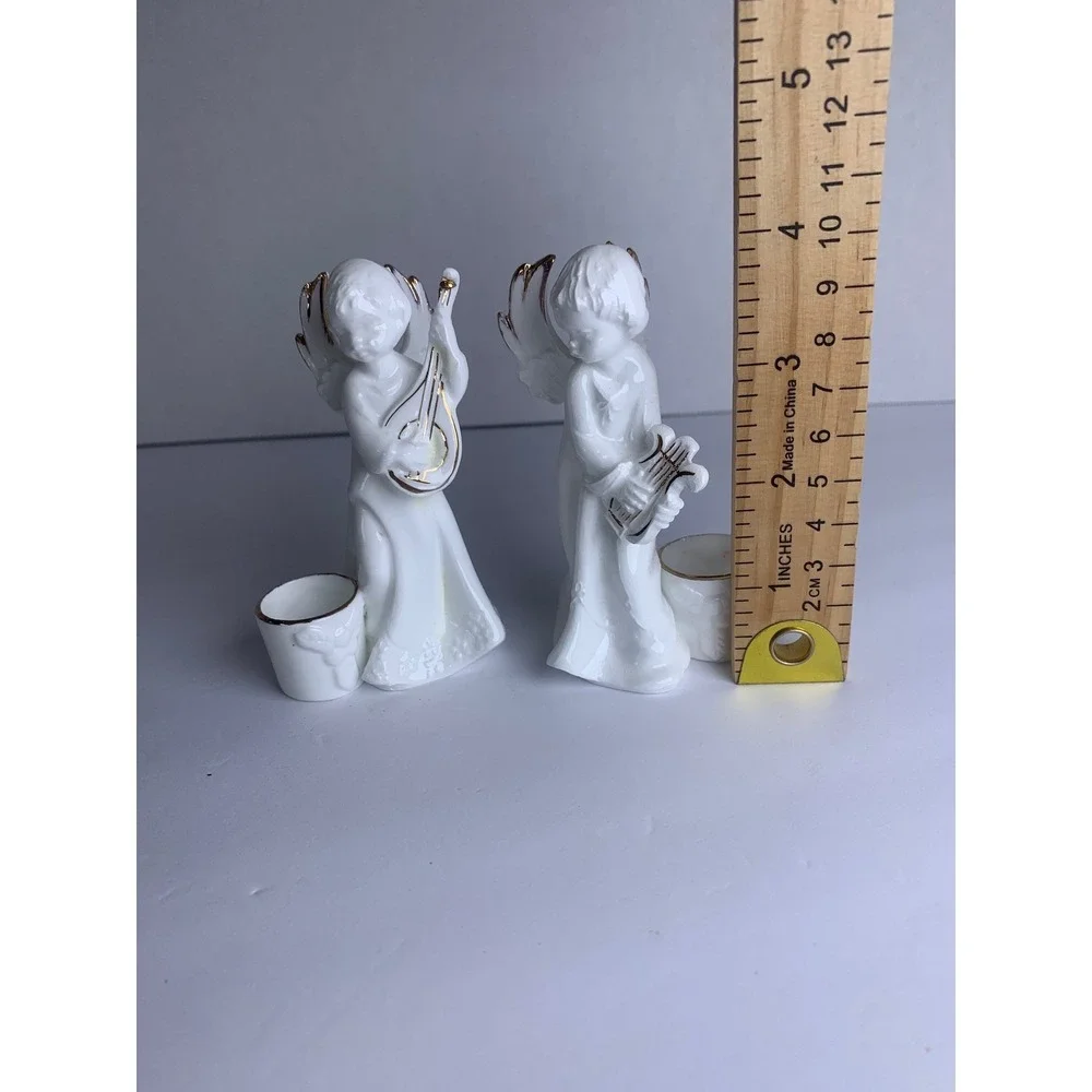 Vintage Bone China Angel‎ Candle Holders Gold Trim Cherub Musicians Set of 2